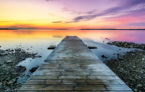 Sea, landscape, sunset, bridge