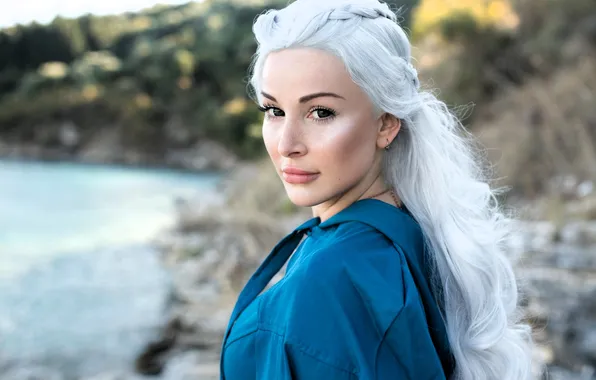 Sea, shore, coast, slope, blonde, blouse, shirt, white hair