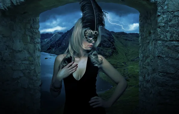 The storm, chest, look, girl, mountains, night, nature, face