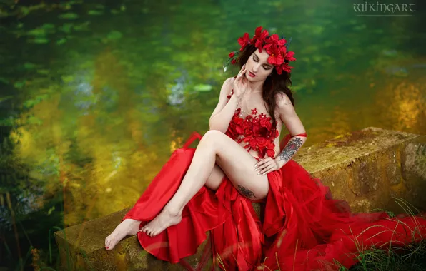 Girl, flowers, nature, pose, style, feet, makeup, costume