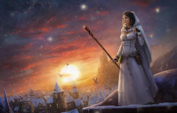 Picture winter, the sky, clouds, snow, castle, Girl, sorceress, peer
