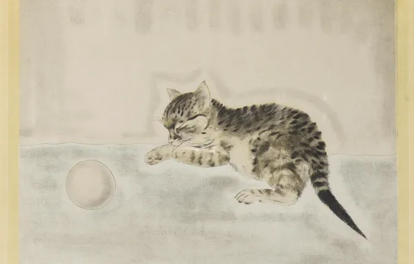 Picture 1929, sleeping kitten, Tsuguharu, Fujita, etching and aquatint in color, Sarton ball
