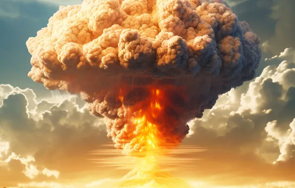 Clouds, Trees, Fire, Mushroom, The explosion, Digital art, A nuclear explosion, AI art