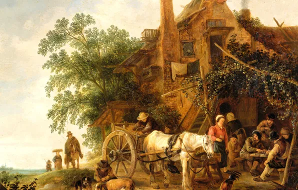 Landscape, tree, oil, picture, Isaac van Ostade, Coaching Inn with a Horse-Drawn