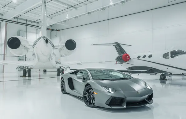 Lamborghini, Front, LP700-4, Aventador, Supercar, Silver, Plane, Angar