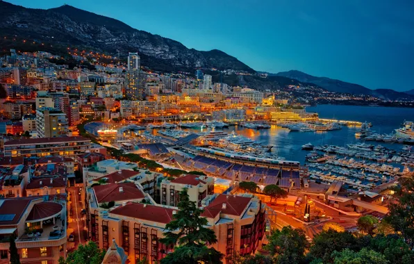 Sea, the sky, trees, mountains, lights, coast, home, ships