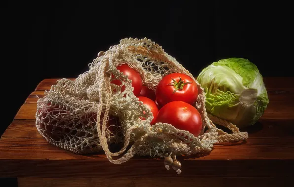 The dark background, table, mesh, food, bag, still life, vegetables, tomatoes
