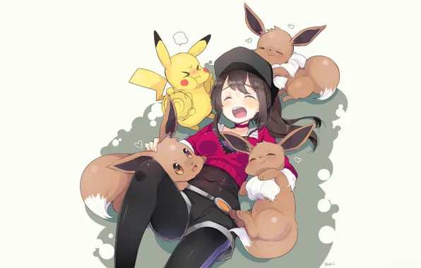 Shorts, creatures, girl, tail, white background, cap, fluffy, ears