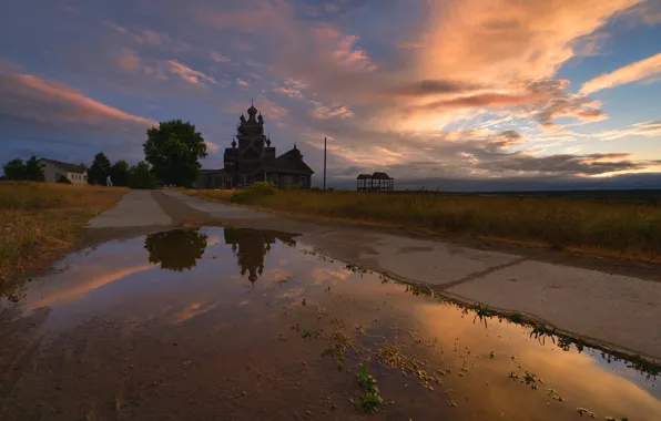 Road, field, puddle, Russia, wooden architecture
