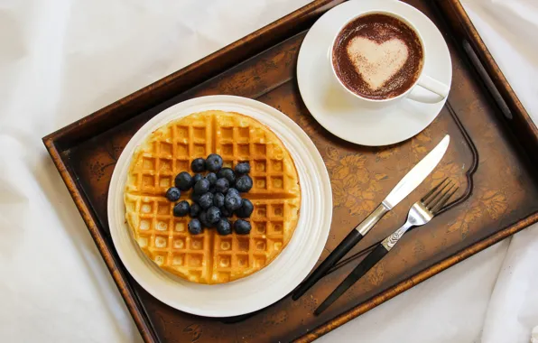 Table, heart, coffee, blueberries, berry, plate, knife, Cup