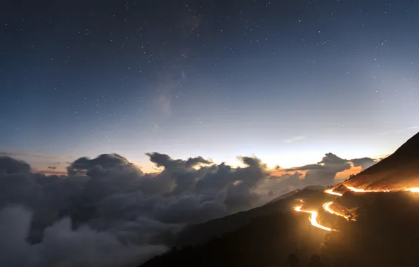 Road, stars, clouds, lights, hills, view, the evening