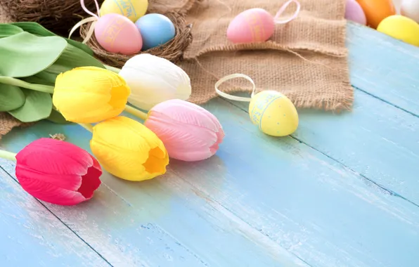 Picture flowers, basket, eggs, spring, colorful, Easter, tulips, wood