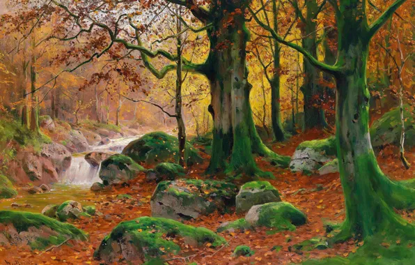 Picture Trees, Stones, Stream, Picture, Walter Moras, Walter Moras, Autumn forest landscape, German painter