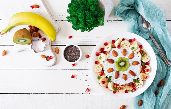 Food, Breakfast, fruit, nuts, banana, wood, almonds, garnet