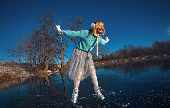 Girl, pose, mood, skirt, ice, hands, blonde, mittens