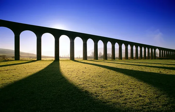Field, the sky, grass, hills, shadows, arch, Spain, aqueduct