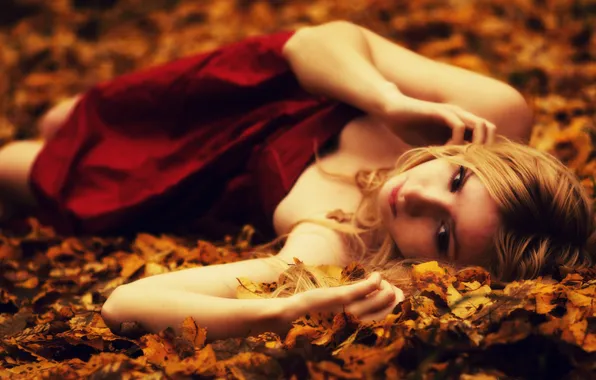 Autumn, red, foliage, dress, blonde