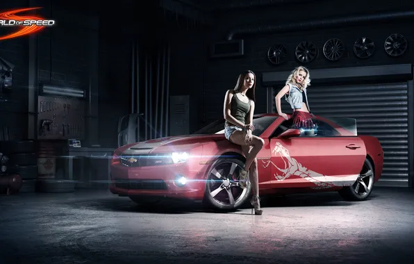 Machine, red, girls, skirt, snake, garage, Chevrolet, logo