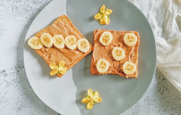 Flowers, food, plates, fabric, banana, sandwich, toast, peanut butter