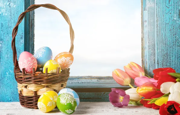 Picture flowers, eggs, spring, window, Easter, tulips, flowers, tulips, spring, Easter, eggs, decoration, basket, Happy