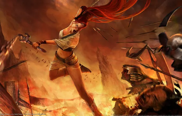 Picture girl, weapons, fire, Heavenly Sword, rage, blow, battle, pain