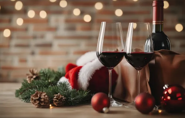Balls, branches, lights, table, wine, bottle, package, glasses