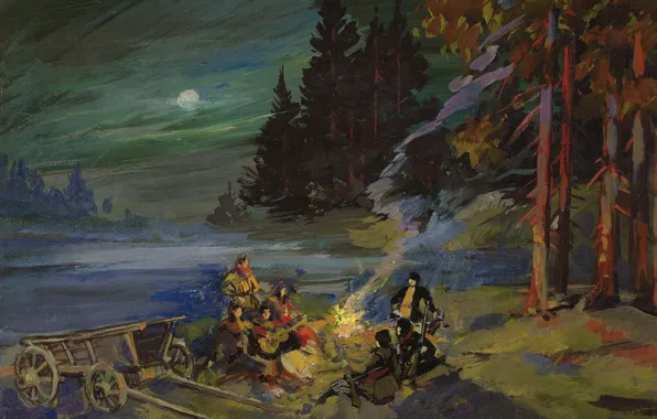 Forest, landscape, night, picture, The fire, halt, Konstantin Korovin