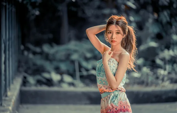Summer, girl, pose, model, Asian, beautiful, long hair, sundress