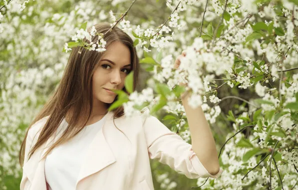 Picture look, trees, face, model, hair, flowering, cutie, Nastya