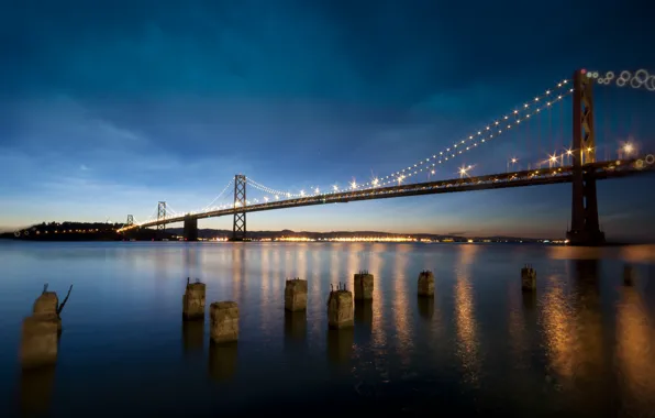 The sky, night, lights, reflection, CA, Bay, San Francisco, Bay Bridge