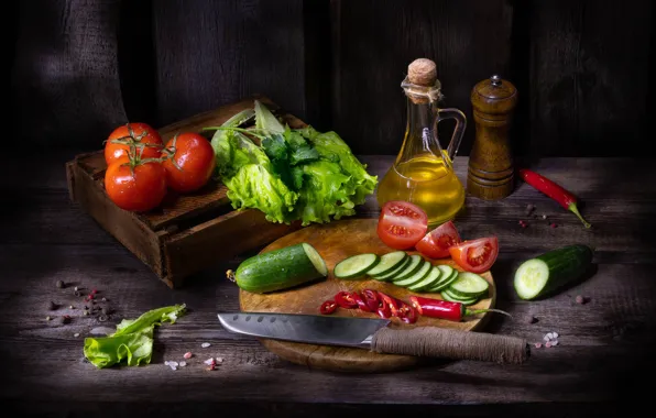The dark background, Board, oil, knife, pepper, still life, tomatoes, items