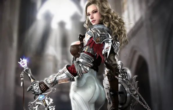 Picture girl, sword, fantasy, art, temple, shield