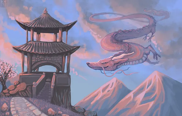 Flight, mountains, dragon, art, China
