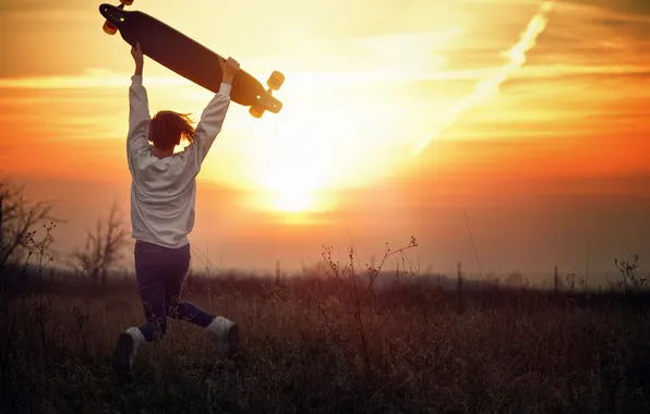 Picture girl, sunset, jump, skate