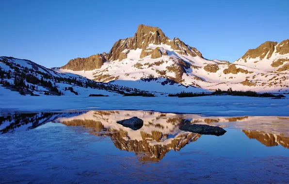 Snow, mountains, lake, reflection, Landscape