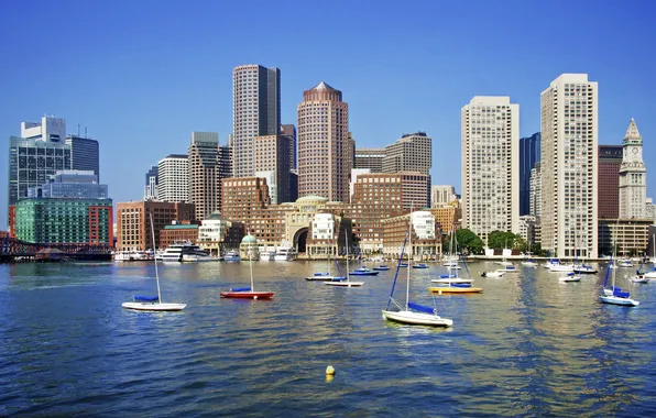 Picture river, home, skyscrapers, boats, USA, Boston