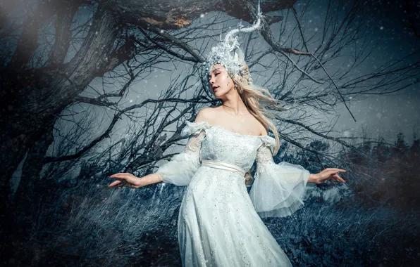 Grass, girl, light, branches, nature, face, pose, style