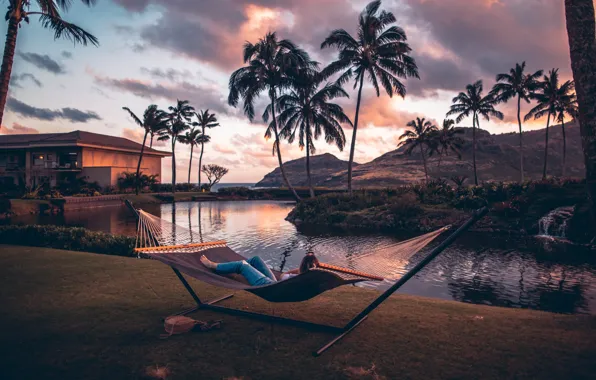 Beach, the sky, water, girl, clouds, sunset, mountains, lake