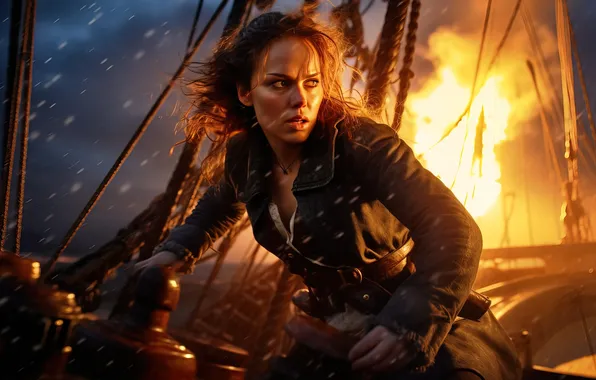 Picture look, girl, pose, fire, flame, ship, pirate, pirates