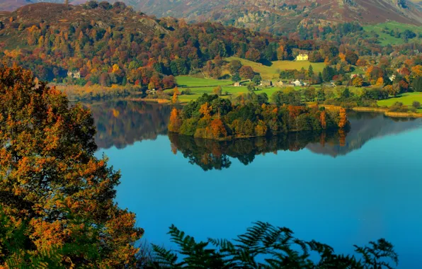 Autumn, lake, hills, island, England, village, England, The lake district