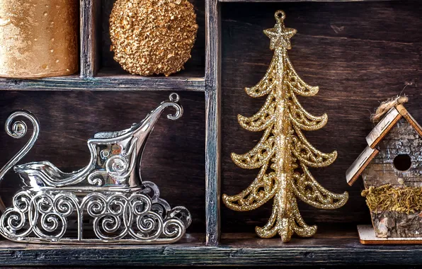 Holiday, tree, new year, birdhouse, sleigh