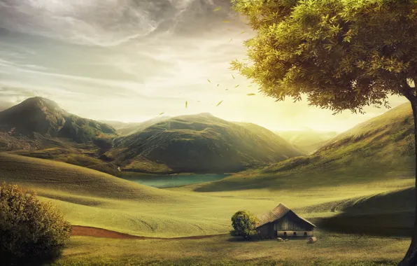 Picture mountains, house, tree, hills, figure, sheep, England, Danil Kartashev