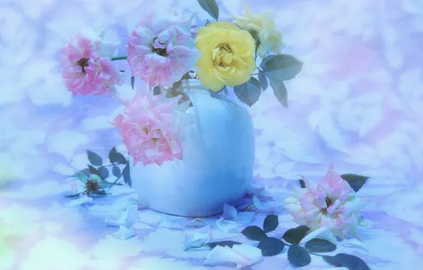 Picture background, roses, petals, vase