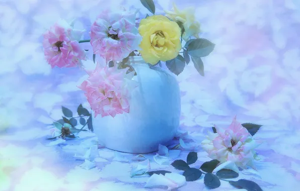 Background, roses, petals, vase