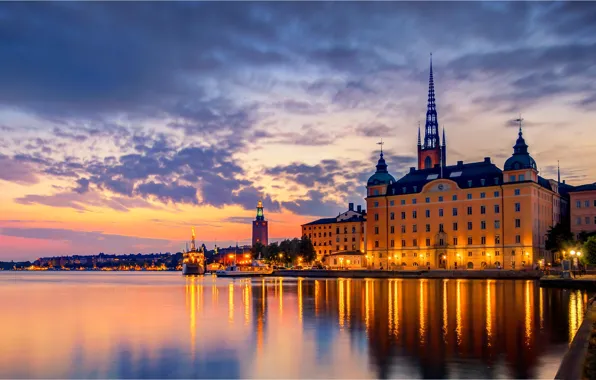 Picture lake, building, home, Stockholm, Sweden, night city, Sweden, Stockholm