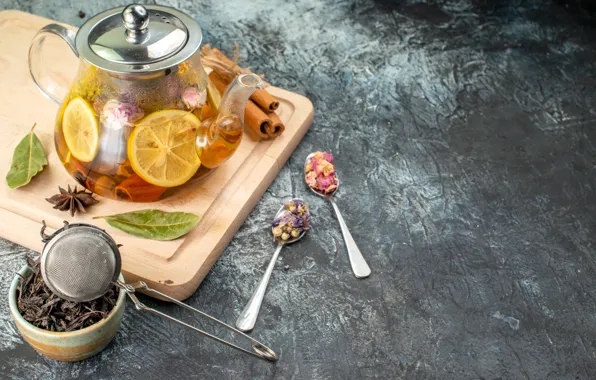 Leaves, table, tea, kettle, bowl, honey, cinnamon, grey background