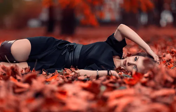 Autumn, leaves, girl, Park, dress, lies, beautiful, in black
