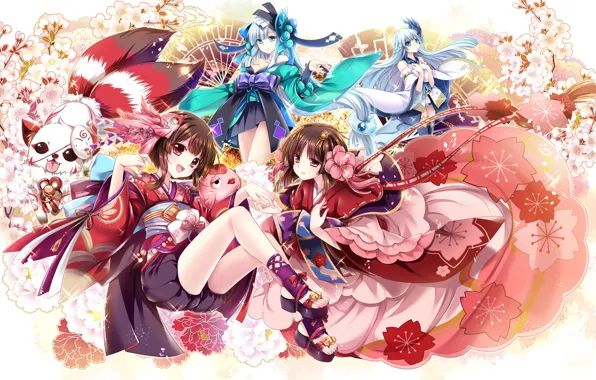 Girls, anime, art, Onmyouji