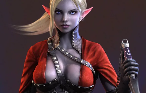 Girl, art, dagger, elf, ears, assassin, straps
