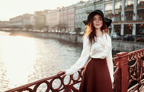 Picture The sun, Girl, Look, Hair, Hat, Skirt, Beautiful, Red